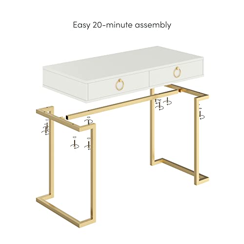 Nathan James Leighton Two-Drawer Writing Glam Accents Brass, Home Office Computer Desk or Vanity Table, 2, White/Gold