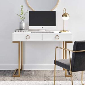 Nathan James Leighton Two-Drawer Writing Glam Accents Brass, Home Office Computer Desk or Vanity Table, 2, White/Gold