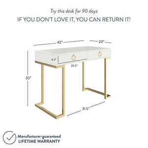 Nathan James Leighton Two-Drawer Writing Glam Accents Brass, Home Office Computer Desk or Vanity Table, 2, White/Gold