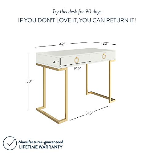 Nathan James Leighton Two-Drawer Writing Glam Accents Brass, Home Office Computer Desk or Vanity Table, 2, White/Gold