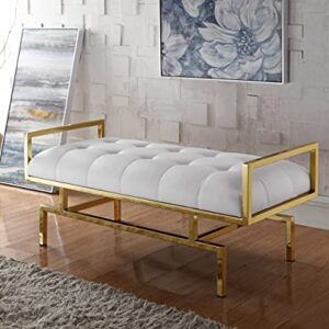 Iconic Home Bruno PU Leather Modern Contemporary Tufted Seating Goldtone Metal Leg Bench, White