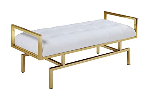 Iconic Home Bruno PU Leather Modern Contemporary Tufted Seating Goldtone Metal Leg Bench, White