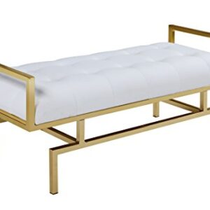 Iconic Home Bruno PU Leather Modern Contemporary Tufted Seating Goldtone Metal Leg Bench, White