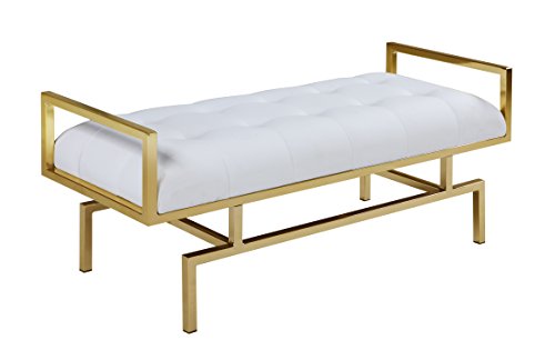 Iconic Home Bruno PU Leather Modern Contemporary Tufted Seating Goldtone Metal Leg Bench, White