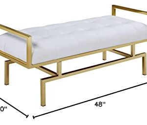 Iconic Home Bruno PU Leather Modern Contemporary Tufted Seating Goldtone Metal Leg Bench, White