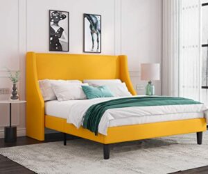 allewie queen bed frame, platform bed frame queen size with upholstered headboard, modern deluxe wingback, wood slat support, mattress foundation, light yellow