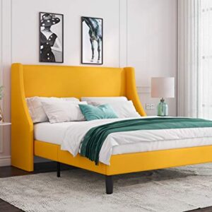 Allewie Queen Bed Frame, Platform Bed Frame Queen Size with Upholstered Headboard, Modern Deluxe Wingback, Wood Slat Support, Mattress Foundation, Light Yellow