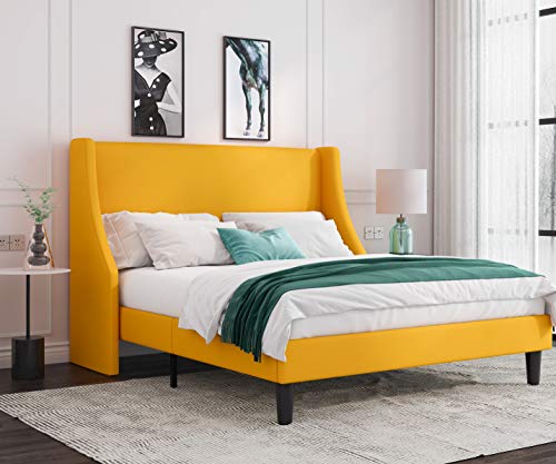 Allewie Queen Bed Frame, Platform Bed Frame Queen Size with Upholstered Headboard, Modern Deluxe Wingback, Wood Slat Support, Mattress Foundation, Light Yellow