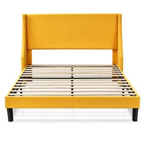 Allewie Queen Bed Frame, Platform Bed Frame Queen Size with Upholstered Headboard, Modern Deluxe Wingback, Wood Slat Support, Mattress Foundation, Light Yellow