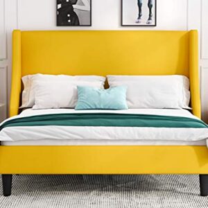 Allewie Queen Bed Frame, Platform Bed Frame Queen Size with Upholstered Headboard, Modern Deluxe Wingback, Wood Slat Support, Mattress Foundation, Light Yellow