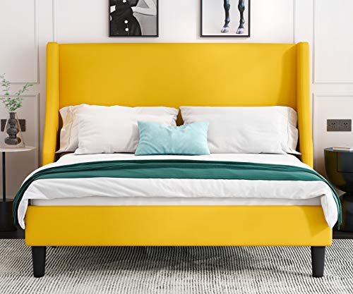 Allewie Queen Bed Frame, Platform Bed Frame Queen Size with Upholstered Headboard, Modern Deluxe Wingback, Wood Slat Support, Mattress Foundation, Light Yellow