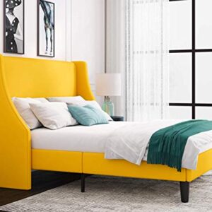 Allewie Queen Bed Frame, Platform Bed Frame Queen Size with Upholstered Headboard, Modern Deluxe Wingback, Wood Slat Support, Mattress Foundation, Light Yellow