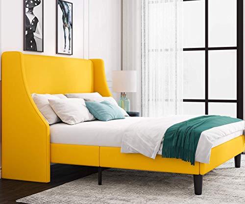 Allewie Queen Bed Frame, Platform Bed Frame Queen Size with Upholstered Headboard, Modern Deluxe Wingback, Wood Slat Support, Mattress Foundation, Light Yellow