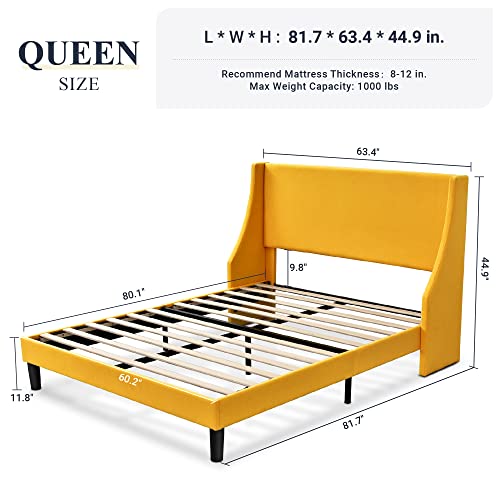 Allewie Queen Bed Frame, Platform Bed Frame Queen Size with Upholstered Headboard, Modern Deluxe Wingback, Wood Slat Support, Mattress Foundation, Light Yellow