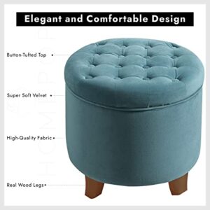 Homepop Home Decor | Upholstered Round Velvet Tufted Foot Rest Ottoman | Ottoman with Storage for Living Room & Bedroom | Decorative Home Furniture, Teal