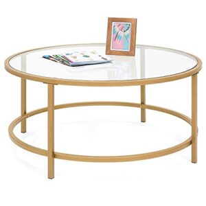 best choice products 36in modern round tempered glass accent side coffee table for living room, dining room, tea, home décor w/satin trim, metal frame, non-marring foot caps – bronze gold
