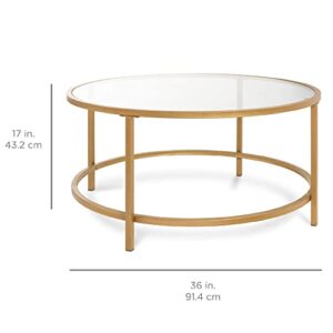 Best Choice Products 36in Modern Round Tempered Glass Accent Side Coffee Table for Living Room, Dining Room, Tea, Home Décor w/Satin Trim, Metal Frame, Non-Marring Foot Caps - Bronze Gold