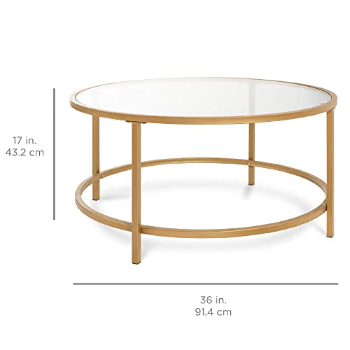 Best Choice Products 36in Modern Round Tempered Glass Accent Side Coffee Table for Living Room, Dining Room, Tea, Home Décor w/Satin Trim, Metal Frame, Non-Marring Foot Caps - Bronze Gold