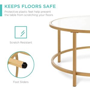 Best Choice Products 36in Modern Round Tempered Glass Accent Side Coffee Table for Living Room, Dining Room, Tea, Home Décor w/Satin Trim, Metal Frame, Non-Marring Foot Caps - Bronze Gold