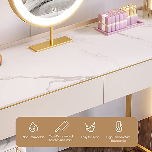 FUQIAOTEC Luxury Makeup Vanity Set with LED Lighted Mirror, Side Cabinet and 5 Drawers, Modern Sintered Stone Dressing Table with Stool, Elegant and Modern Aesthetic Style, 39.5"