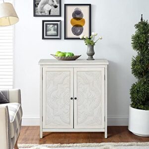 maison arts white accent cabinet with 2 doors sideboard buffet storage cabinet decorative distressed cabinet with carved pattern doors for bedroom living room kitchen farmhouse, white embossed flower