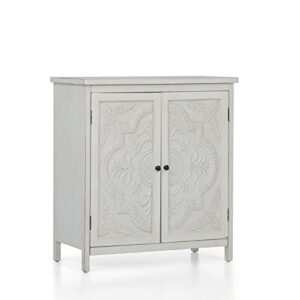 MAISON ARTS White Accent Cabinet with 2 Doors Sideboard Buffet Storage Cabinet Decorative Distressed Cabinet with Carved Pattern Doors for Bedroom Living Room Kitchen Farmhouse, White Embossed Flower