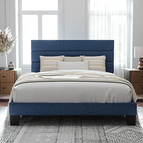 Allewie Queen Size Platform Bed Frame with Fabric Upholstered Headboard and Wooden Slats Support, Fully Upholstered Mattress Foundation/No Box Spring Needed/Easy Assembly, Navy Blue
