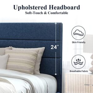 Allewie Queen Size Platform Bed Frame with Fabric Upholstered Headboard and Wooden Slats Support, Fully Upholstered Mattress Foundation/No Box Spring Needed/Easy Assembly, Navy Blue