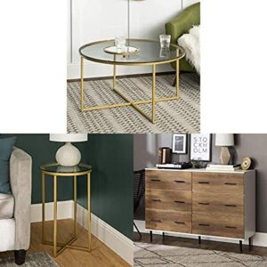 walker edison furniture company modern round coffee accent table, glass/gold with round side end accent table, glass/gold and 2 toned wood storage drawer organizer, 52″ reclaimed barnwood brown