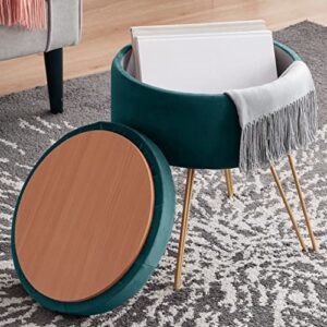 ornavo home modern round velvet storage ottoman foot rest vanity stool/seat with gold metal legs & tray top coffee table – teal