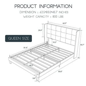 Einfach Queen Upholstered Wingback Platform Bed Frame with Headboard/Mattress Foundation with Wood Slat Support and Square Stitched Headboard/No Box Spring Needed/Easy Assembly, Dark Blue