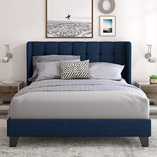 Einfach Queen Upholstered Wingback Platform Bed Frame with Headboard/Mattress Foundation with Wood Slat Support and Square Stitched Headboard/No Box Spring Needed/Easy Assembly, Dark Blue