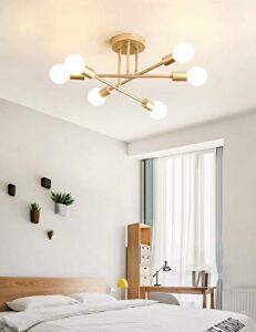 dellemade modern sputnik chandelier, 6-light ceiling light, 6 led light bulbs included for bedroom,dining room,kitchen,office (gold)