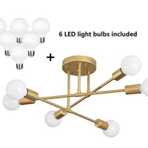 Dellemade Modern Sputnik Chandelier, 6-Light Ceiling Light, 6 LED Light Bulbs Included for Bedroom,Dining Room,Kitchen,Office (Gold)