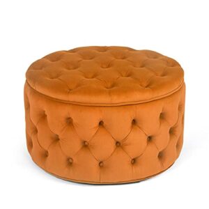 Homebeez Round Velvet Storage Ottoman, Button Tufted Footrest Stool Coffee Table for Living Room,24.8" L x 24.8" W x 15.4" H,Orange