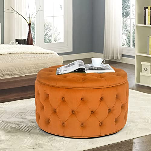 Homebeez Round Velvet Storage Ottoman, Button Tufted Footrest Stool Coffee Table for Living Room,24.8" L x 24.8" W x 15.4" H,Orange