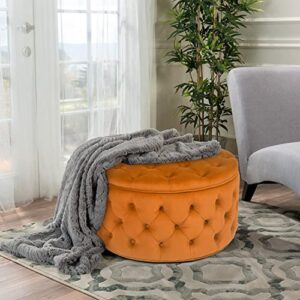 Homebeez Round Velvet Storage Ottoman, Button Tufted Footrest Stool Coffee Table for Living Room,24.8" L x 24.8" W x 15.4" H,Orange