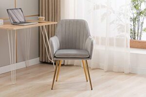 artechworks velvet modern living dining room arm chair club leisure guest lounge bedroom upholstered chair with gold metal legs, gray