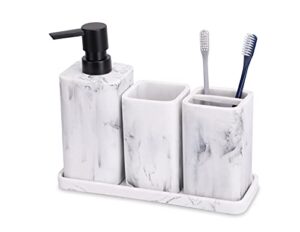 zccz bathroom accessory sets, 4 pieces bathroom accessories complete set vanity countertop accessory set with marble look, includes lotion dispenser soap pump, tumbler, toothbrush holder and tray