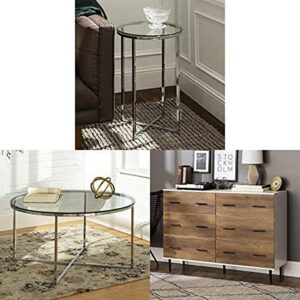 walker edison furniture company modern round coffee accent table, glass/chrome with round side end accent table, glass/chrome and 2 toned wood storage drawer organizer, 52″ reclaimed barnwood brown