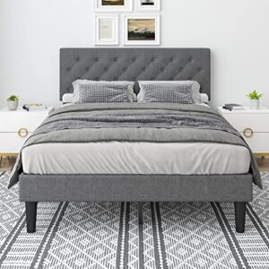 queen upholstered platform bed frame, queen bed frame with headboard, fabric upholstered platform with button tufted headboard sturdy wood slat support, mattress foundation, no box spring needed, grey