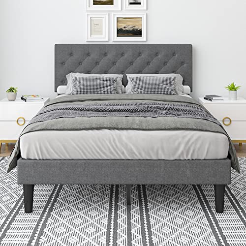 Queen Upholstered Platform Bed Frame, Queen Bed Frame with Headboard, Fabric Upholstered Platform with Button Tufted Headboard Sturdy Wood Slat Support, Mattress Foundation, No Box Spring Needed, Grey