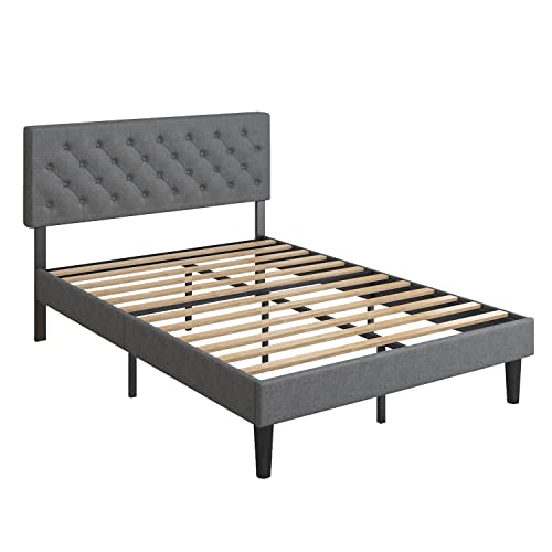 Queen Upholstered Platform Bed Frame, Queen Bed Frame with Headboard, Fabric Upholstered Platform with Button Tufted Headboard Sturdy Wood Slat Support, Mattress Foundation, No Box Spring Needed, Grey