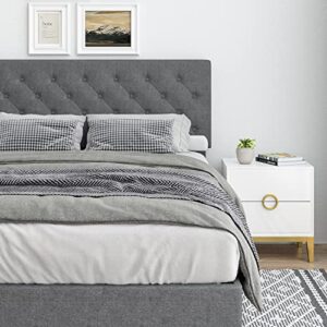 Queen Upholstered Platform Bed Frame, Queen Bed Frame with Headboard, Fabric Upholstered Platform with Button Tufted Headboard Sturdy Wood Slat Support, Mattress Foundation, No Box Spring Needed, Grey