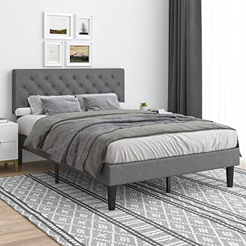 Queen Upholstered Platform Bed Frame, Queen Bed Frame with Headboard, Fabric Upholstered Platform with Button Tufted Headboard Sturdy Wood Slat Support, Mattress Foundation, No Box Spring Needed, Grey