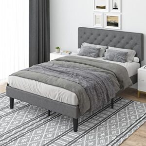 Queen Upholstered Platform Bed Frame, Queen Bed Frame with Headboard, Fabric Upholstered Platform with Button Tufted Headboard Sturdy Wood Slat Support, Mattress Foundation, No Box Spring Needed, Grey