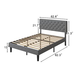 Queen Upholstered Platform Bed Frame, Queen Bed Frame with Headboard, Fabric Upholstered Platform with Button Tufted Headboard Sturdy Wood Slat Support, Mattress Foundation, No Box Spring Needed, Grey