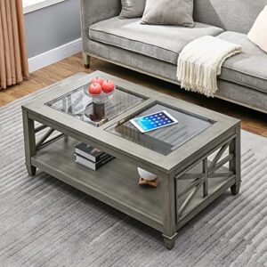 leemtorig farmhouse coffee tables for living room, grey coffee tables rustic solid wood coffee table with storage shelf, glass cocktail table center table, 45.5″x26″x19″, antique grey kfz-1318-an