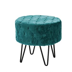 Home Soft Things Jacquard Solid Faux Fur Round Ottoman, 18" x 18" x 18", Dark Teal, Comfy Fuzzy Ottoman Makeup Stool for Bedroom Living Room Foot Rest Chair Home Decor