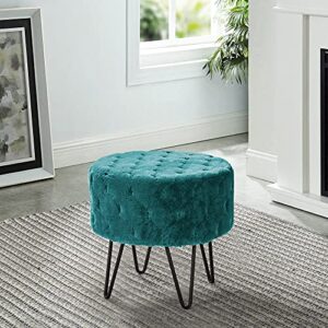 Home Soft Things Jacquard Solid Faux Fur Round Ottoman, 18" x 18" x 18", Dark Teal, Comfy Fuzzy Ottoman Makeup Stool for Bedroom Living Room Foot Rest Chair Home Decor